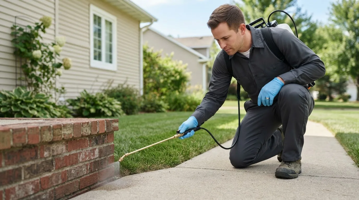 Pest control technician treating a home near New Albany, IN